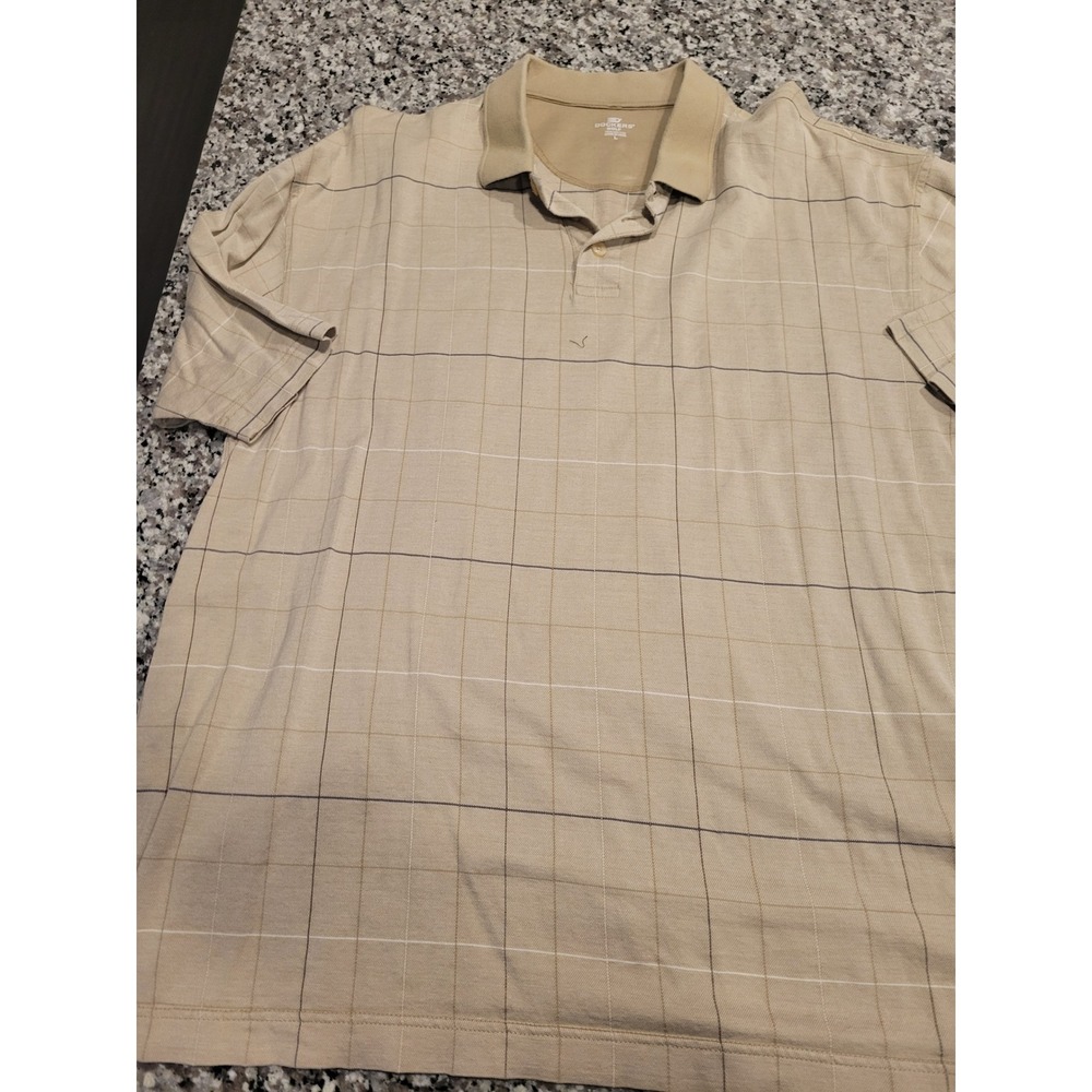 Dockers Golf Mens Large Tan Windowpane Plaid 100% Cotton Short Sleeve Polo Shirt